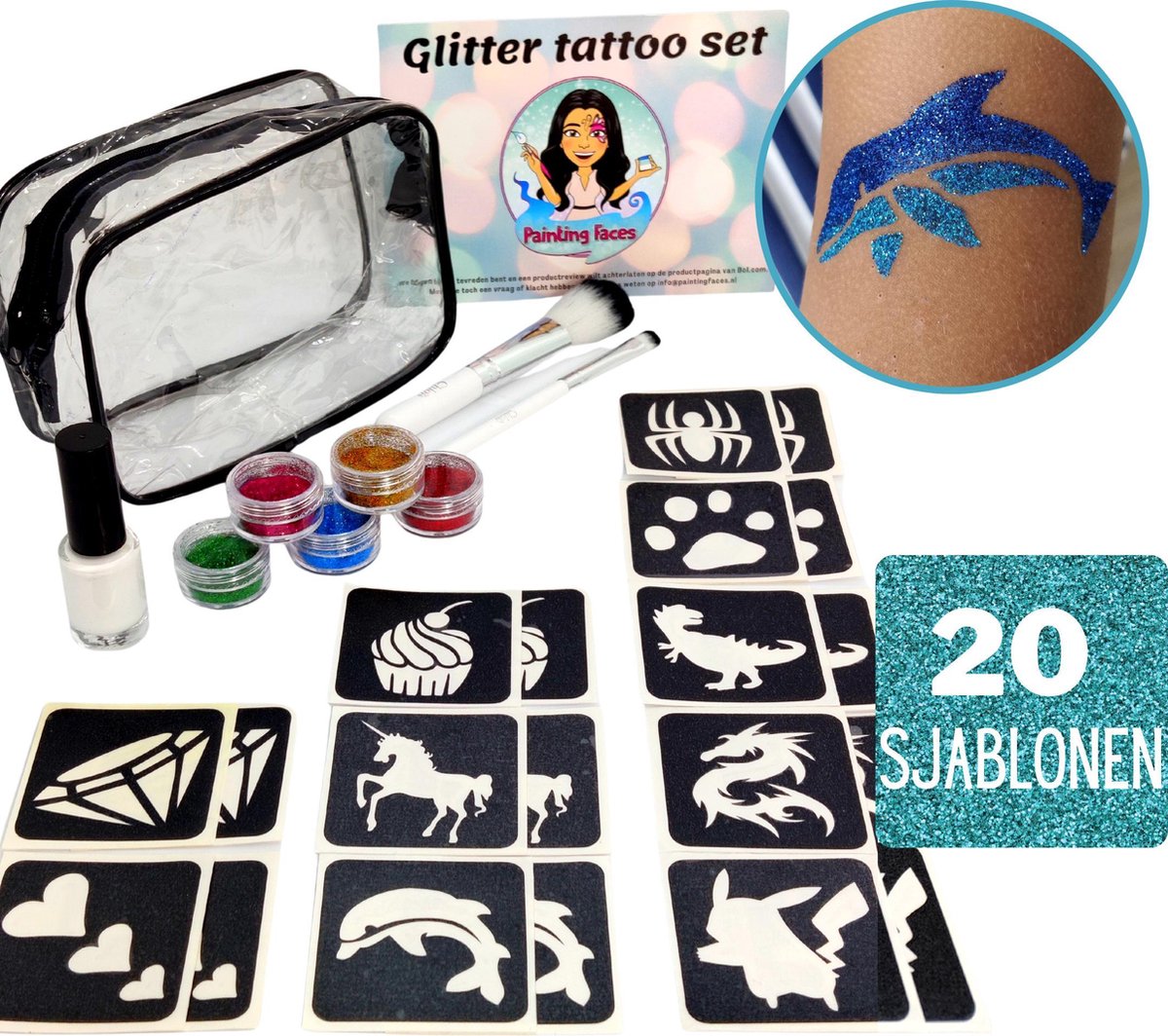 Glitter Tattoo Complete Set voor Kinderen | Mix Jongens en Meisjes | 20 sjablonen